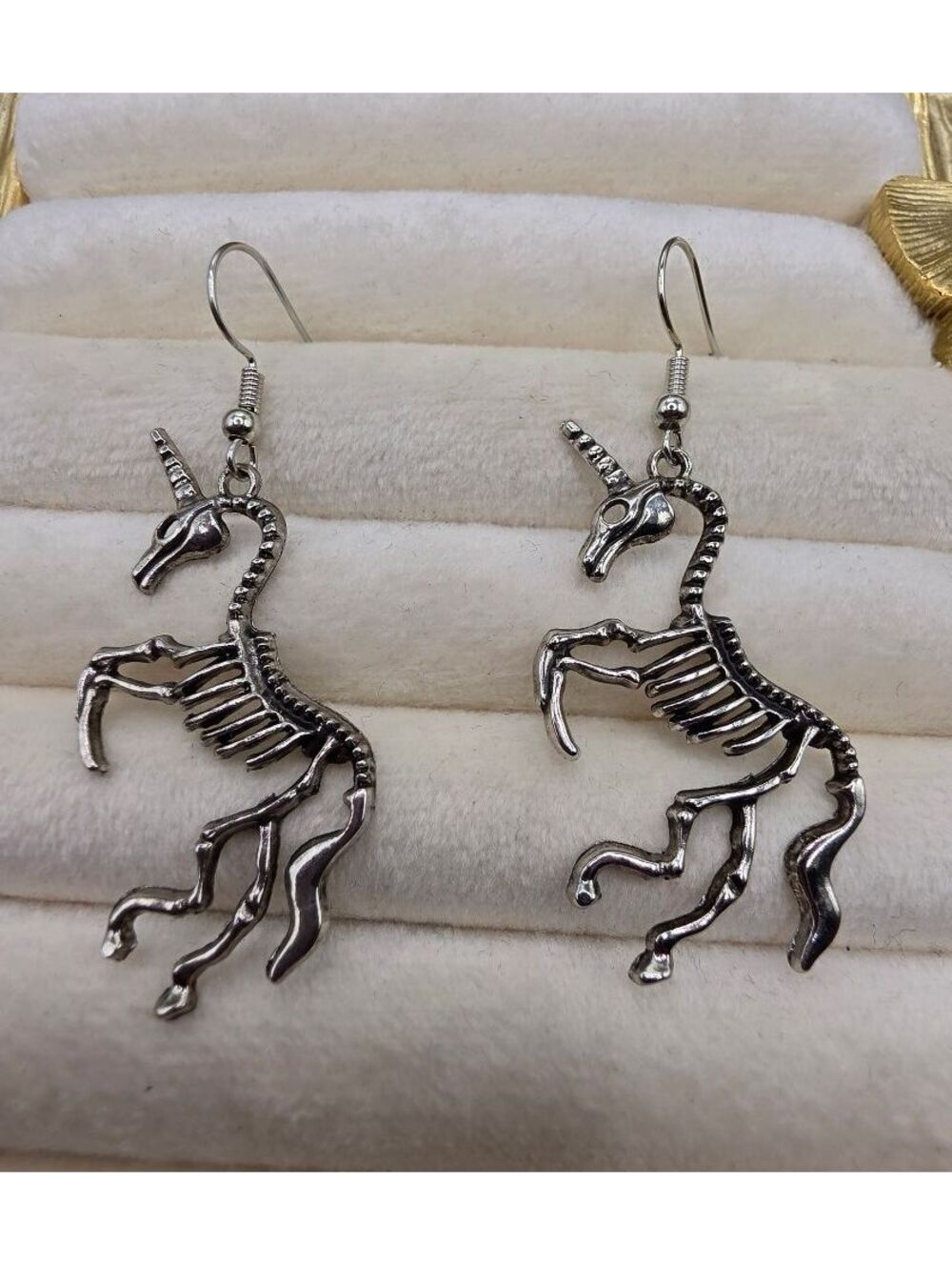 Silver Tone Unicorn Skeleton Dangle Earrings